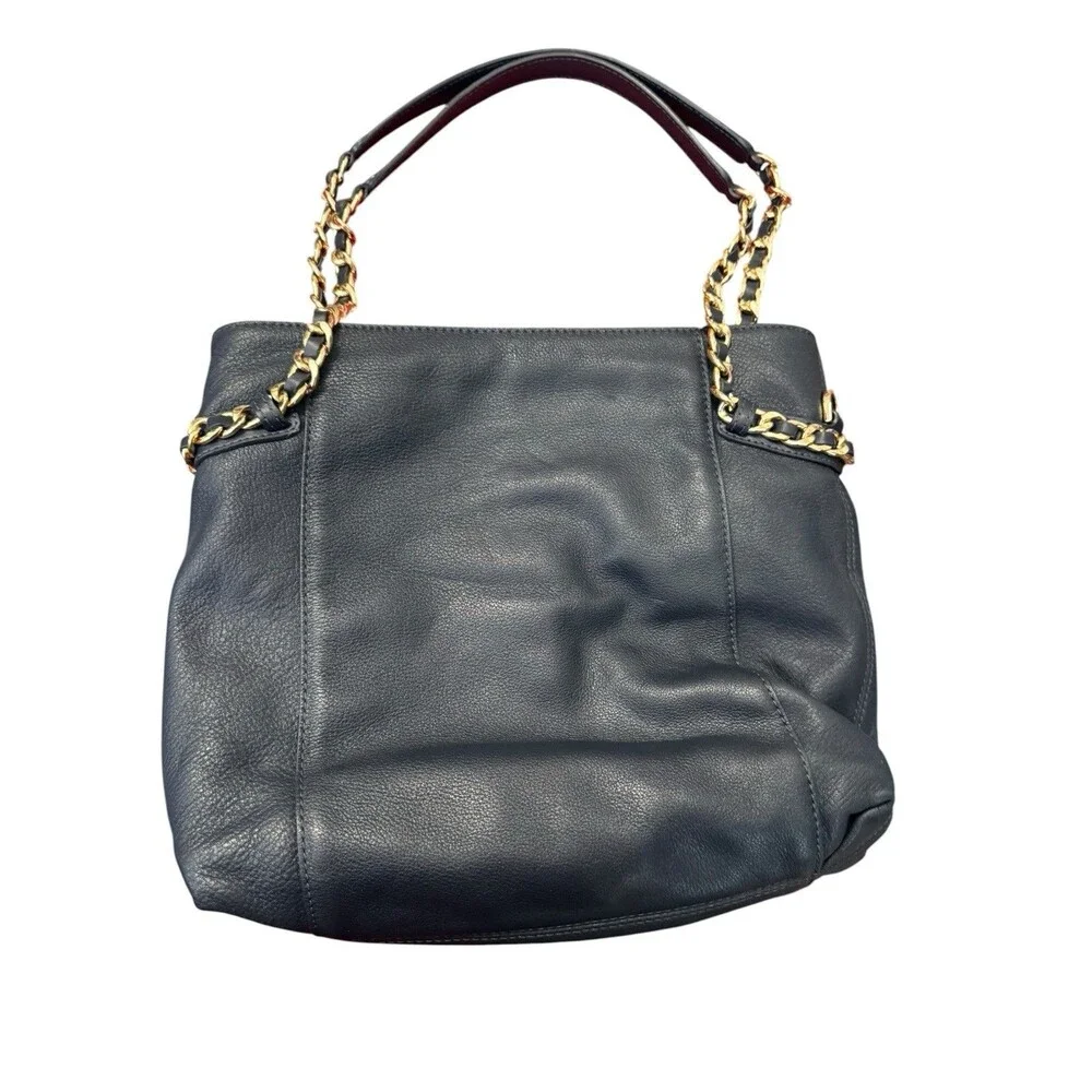 Michael Kors Navy Blue Pebbled Leather Chain Shoulder Tote Gold Lock Charm Bag